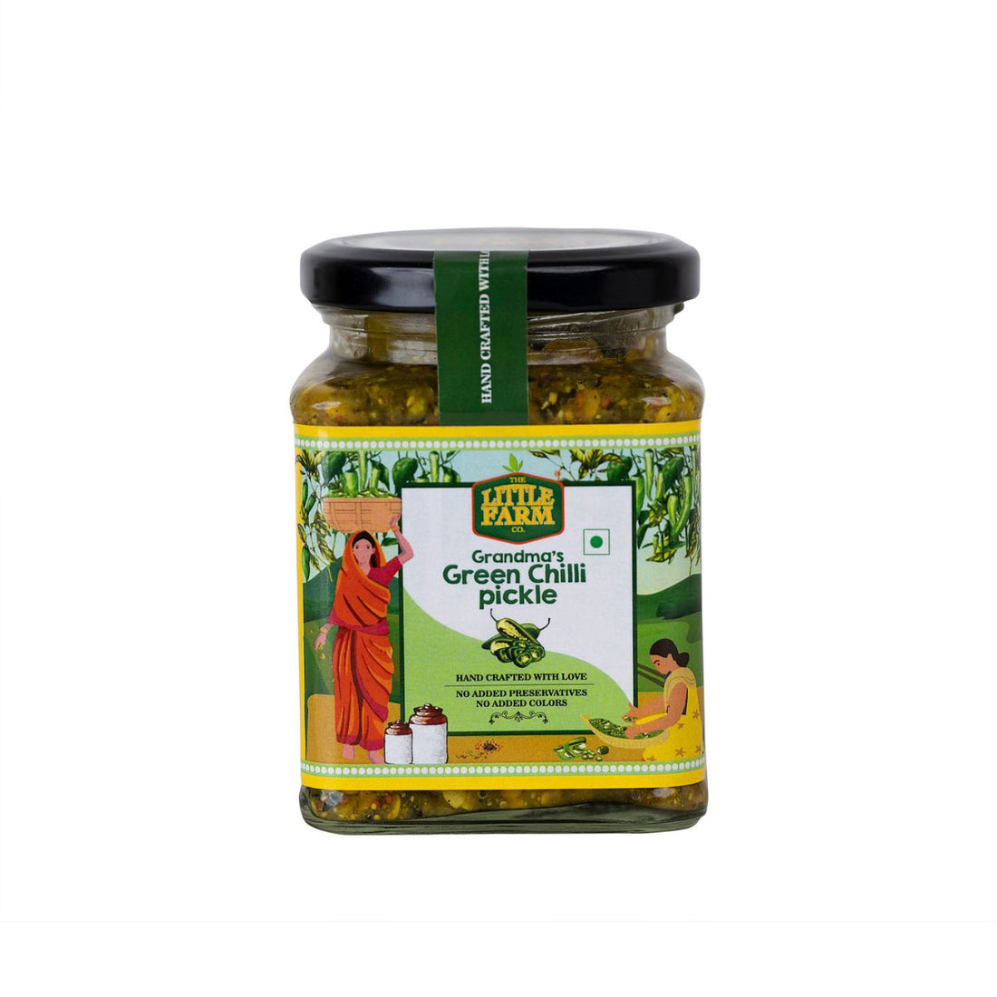 This flavourful green chilli pickle has black mustard, jeera, saunf, methi, hing, lemon juice, turmeric, garam masala and rock salt preserved traditionally with mustard oil